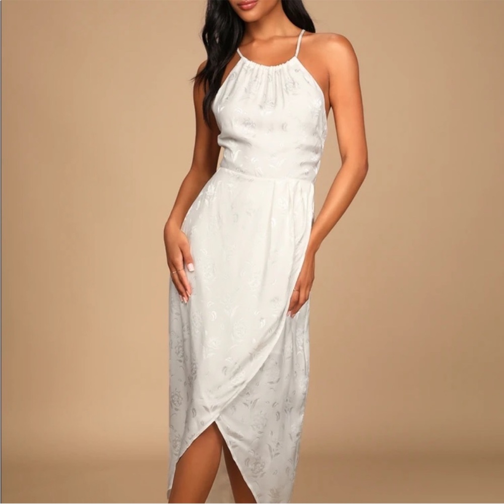 Lulus Remarkable Moments White Floral Jacquard Satin Tulip Midi Dress Sz Medium - Picture 1 of 16